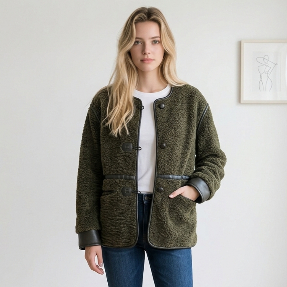 7 For All Mankind Green Sherpa Faux Fur Jacket with Black Leather Trim